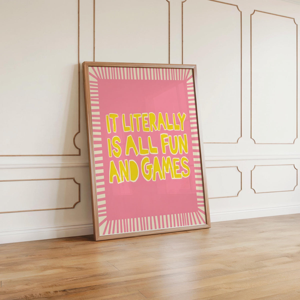 It's Literally All Fun and Games Poster, Wavy Typography Print, Striped Border Wall Art, Funny Quote Poster, Retro Green Pink Blue Decor