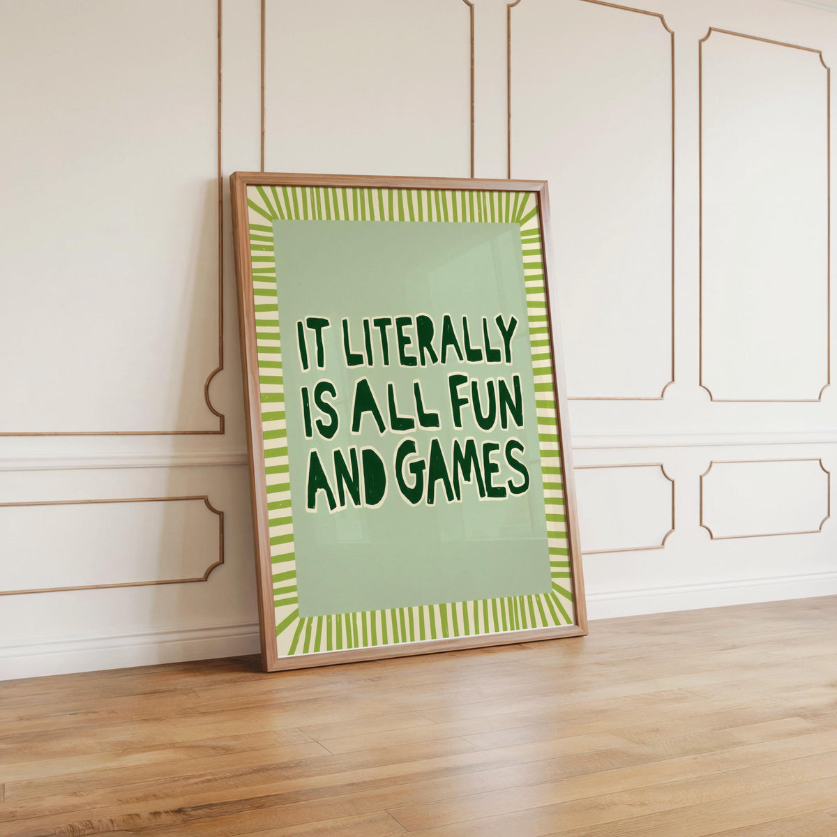 It's Literally All Fun and Games Poster, Wavy Typography Print, Striped Border Wall Art, Funny Quote Poster, Retro Green Pink Blue Decor