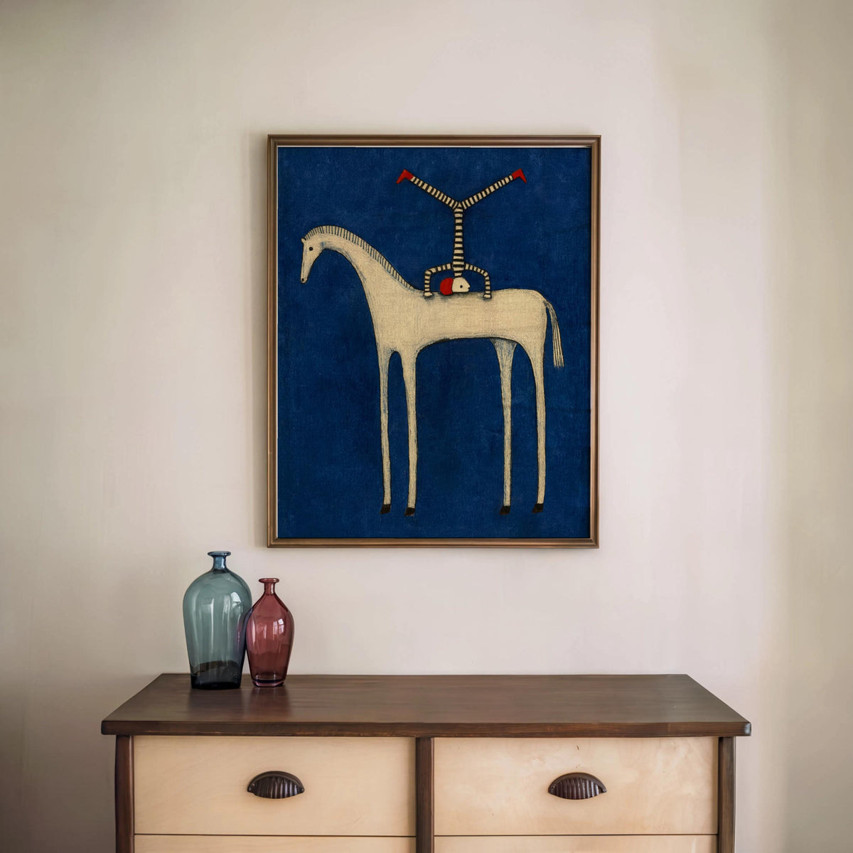 Abstract Horse Set of 3 Wall Art, Surreal Vintage Equestrian Print Triptych, Red Blue Green Minimalist Folk Figure, Dark Circus Poster Panel