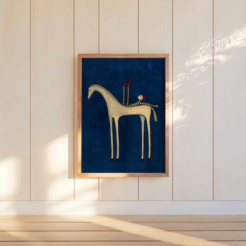 Abstract Horse Set of 3 Wall Art, Surreal Vintage Equestrian Print Triptych, Red Blue Green Minimalist Folk Figure, Dark Circus Poster Panel