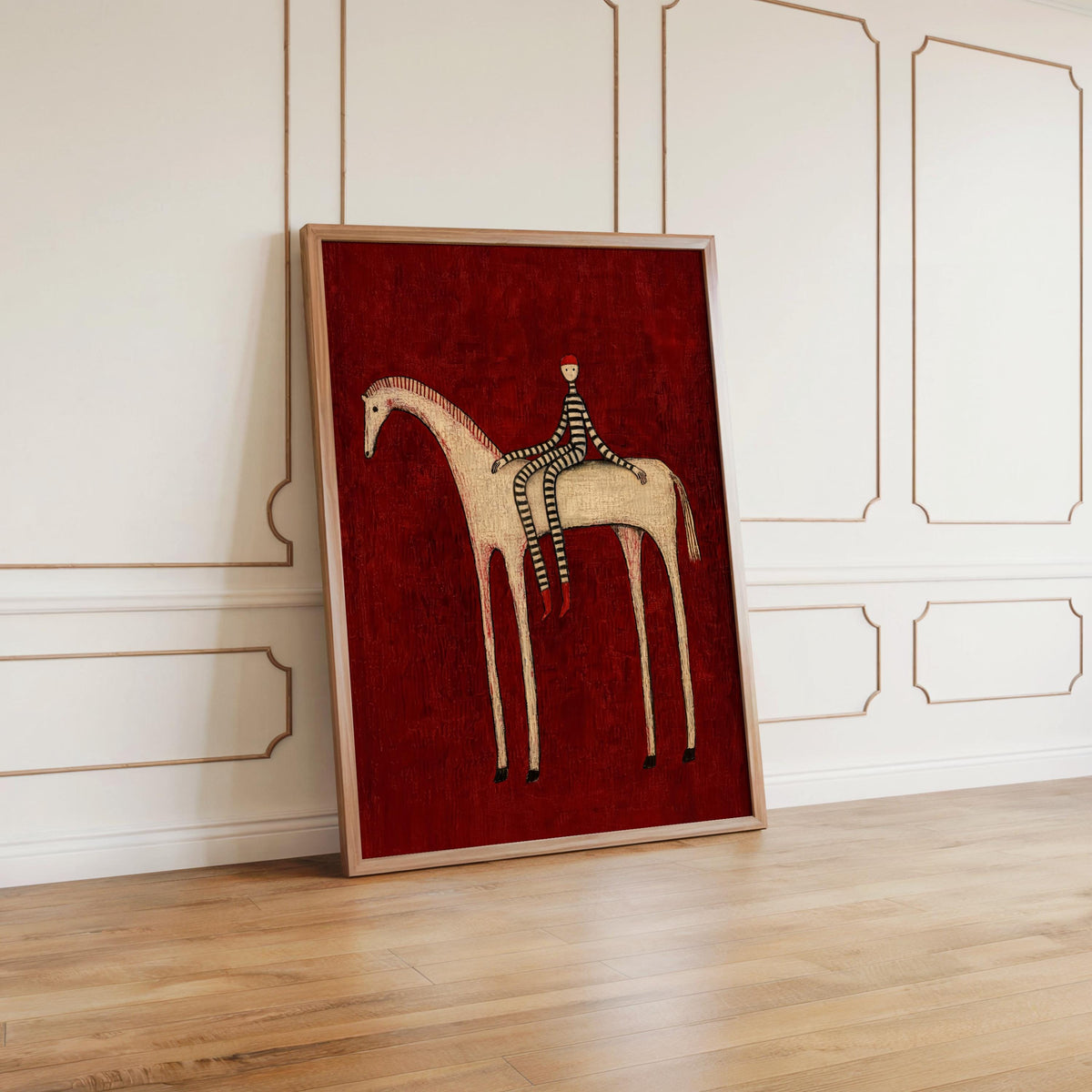 Abstract Horse Set of 3 Wall Art, Surreal Vintage Equestrian Print Triptych, Red Blue Green Minimalist Folk Figure, Dark Circus Poster Panel