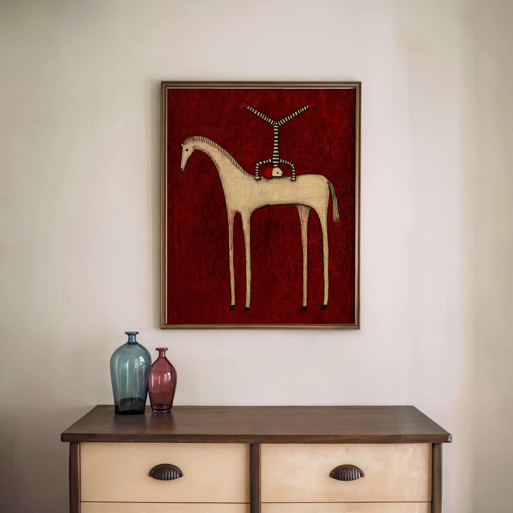 Abstract Horse Set of 3 Wall Art, Surreal Vintage Equestrian Print Triptych, Red Blue Green Minimalist Folk Figure, Dark Circus Poster Panel