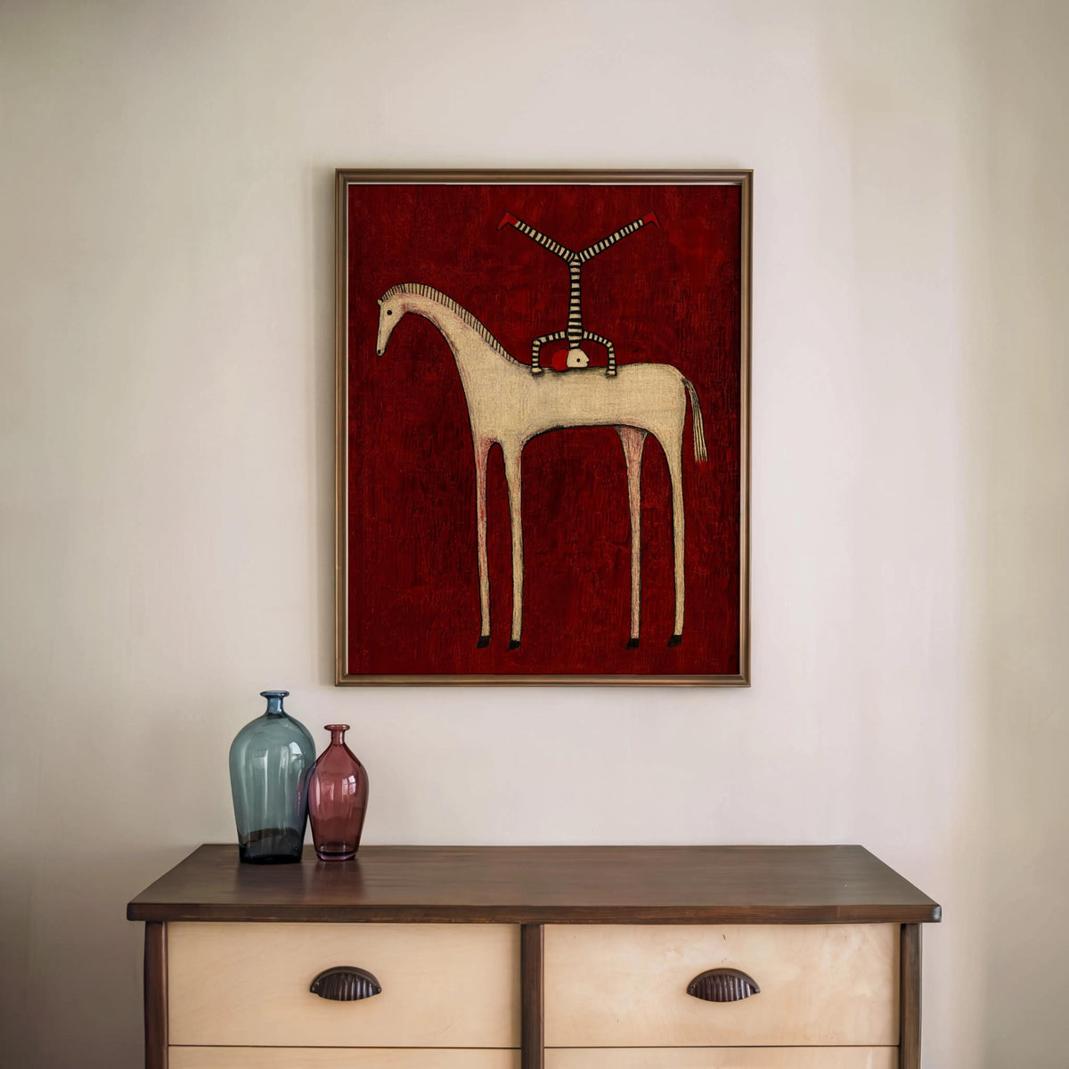 Abstract Horse Set of 3 Wall Art, Surreal Vintage Equestrian Print Triptych, Red Blue Green Minimalist Folk Figure, Dark Circus Poster Panel