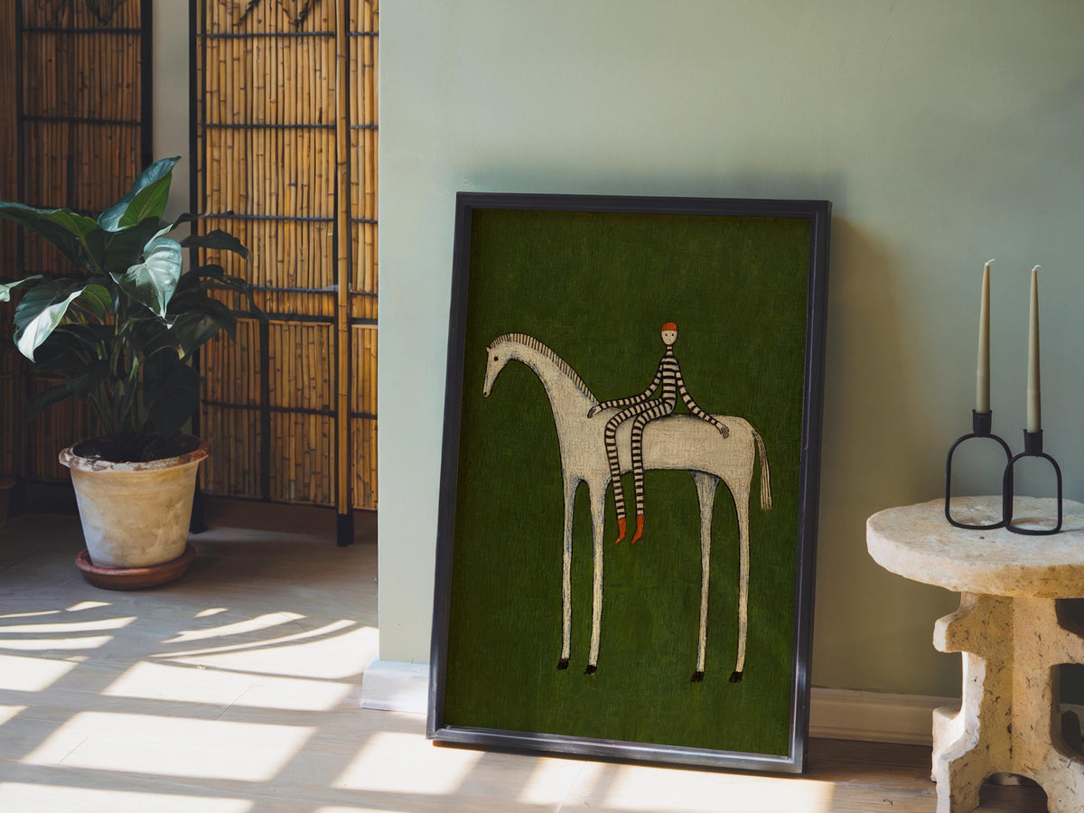 Abstract Horse Set of 3 Wall Art, Surreal Vintage Equestrian Print Triptych, Red Blue Green Minimalist Folk Figure, Dark Circus Poster Panel