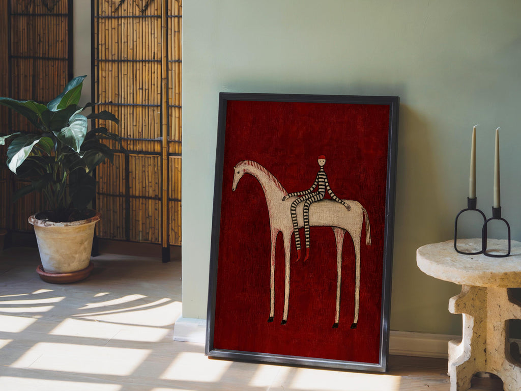 Abstract Horse Set of 3 Wall Art, Surreal Vintage Equestrian Print Triptych, Red Blue Green Minimalist Folk Figure, Dark Circus Poster Panel