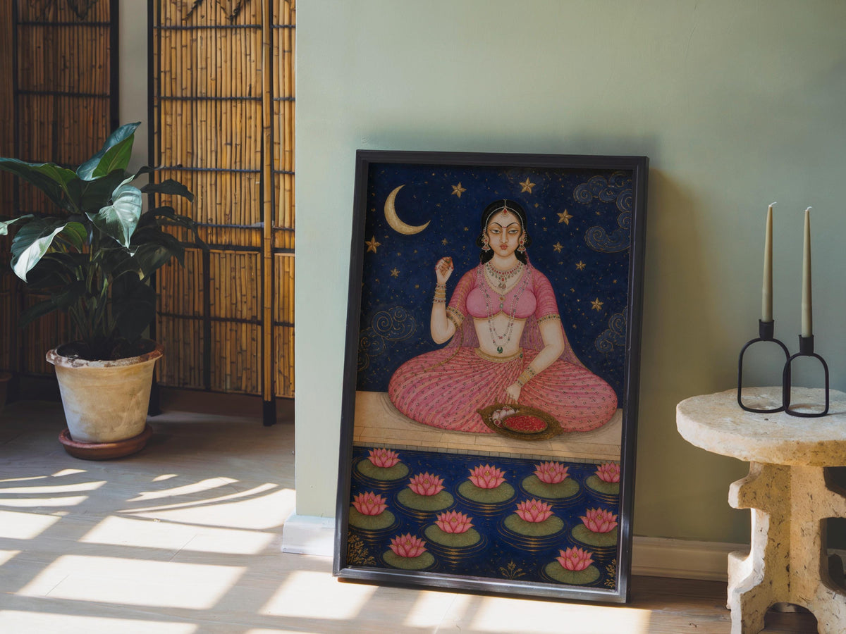Mughal Miniature Painting, Indian Queen Floral Art, Royal South Asian Wall Decor