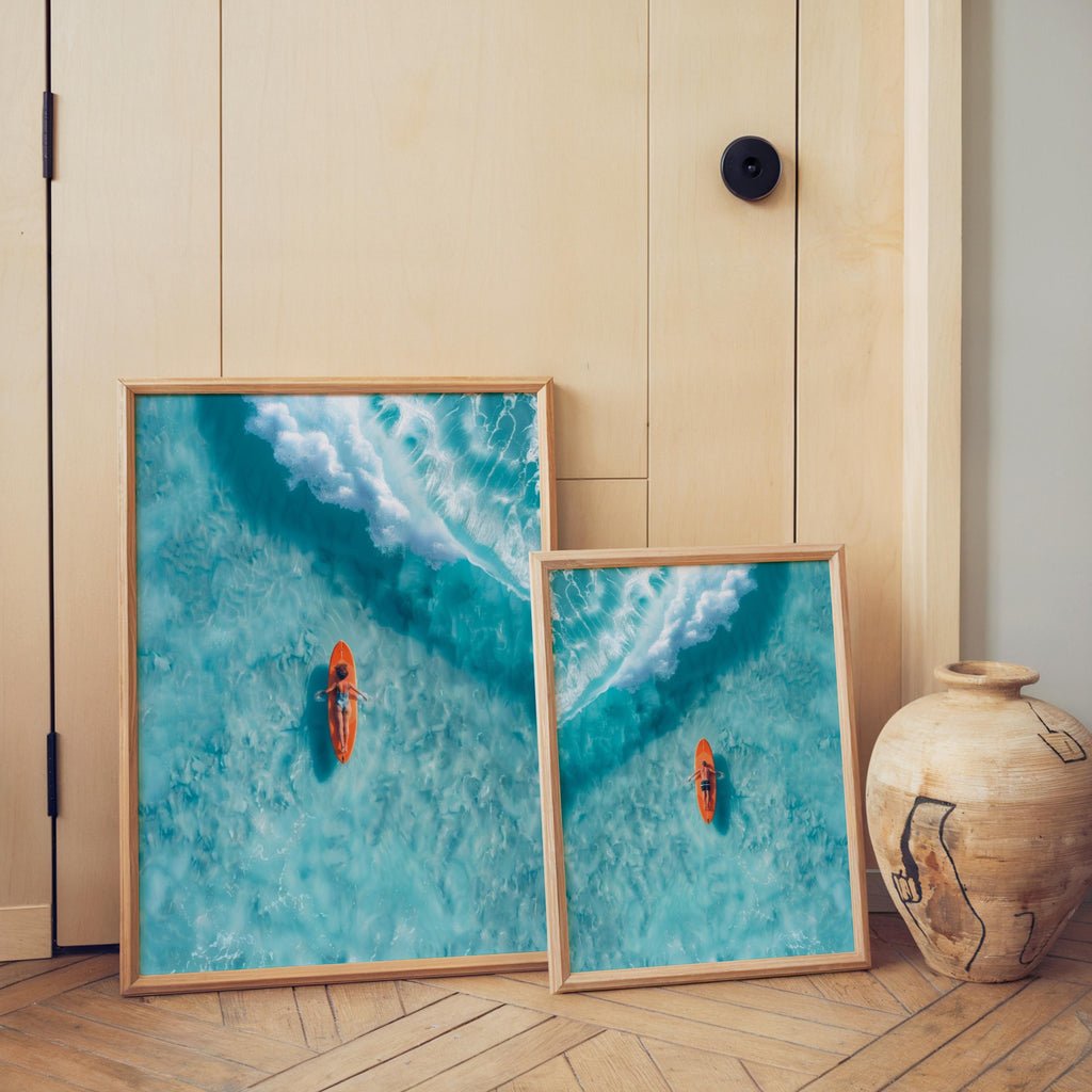 Surfer Art Set of 2: Aerial Beach Surfboard Couple Ocean Print, Coastal Living Wall Decor, Modern Minimalist Girl & Boy Summer Poster