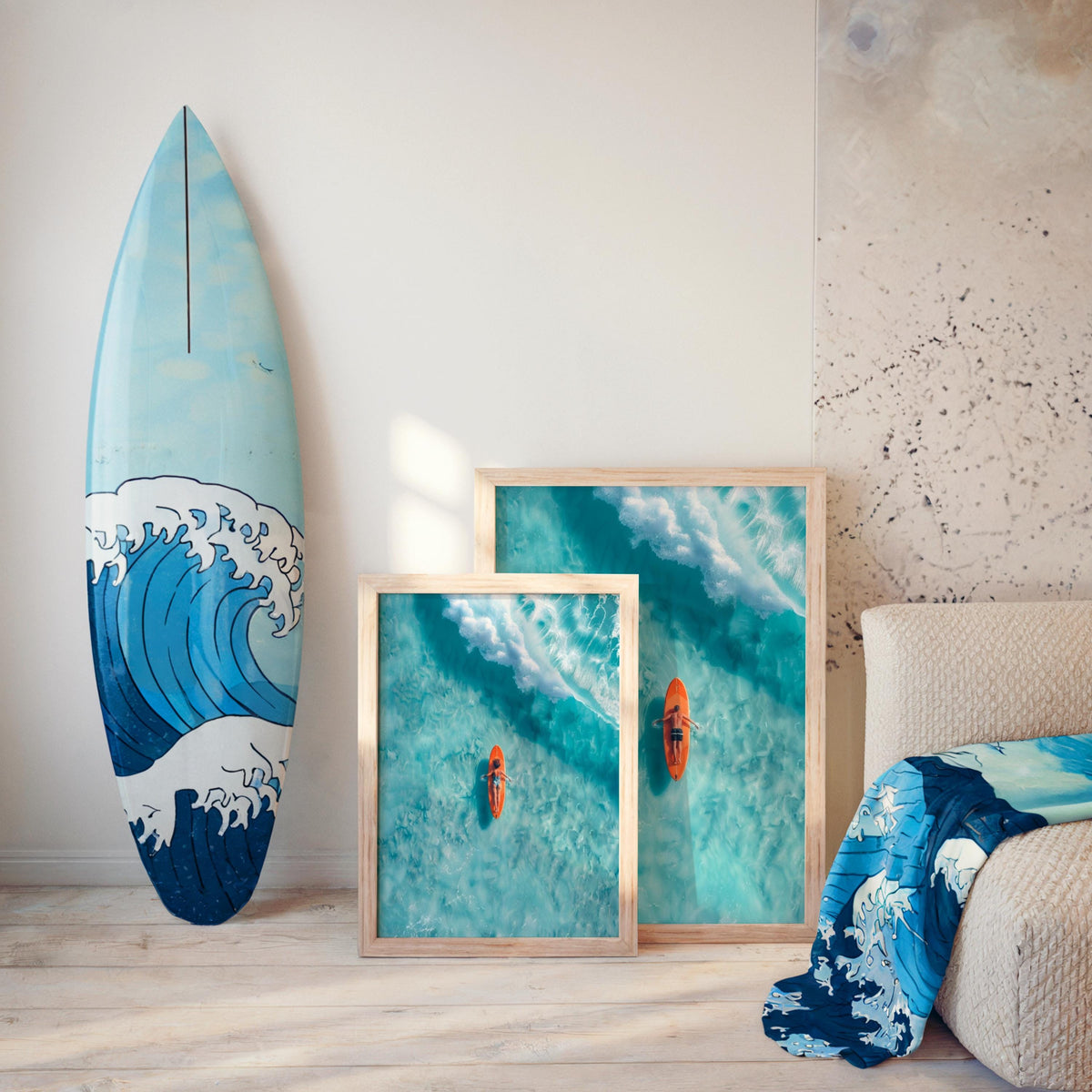 Surfer Art Set of 2: Aerial Beach Surfboard Couple Ocean Print, Coastal Living Wall Decor, Modern Minimalist Girl & Boy Summer Poster