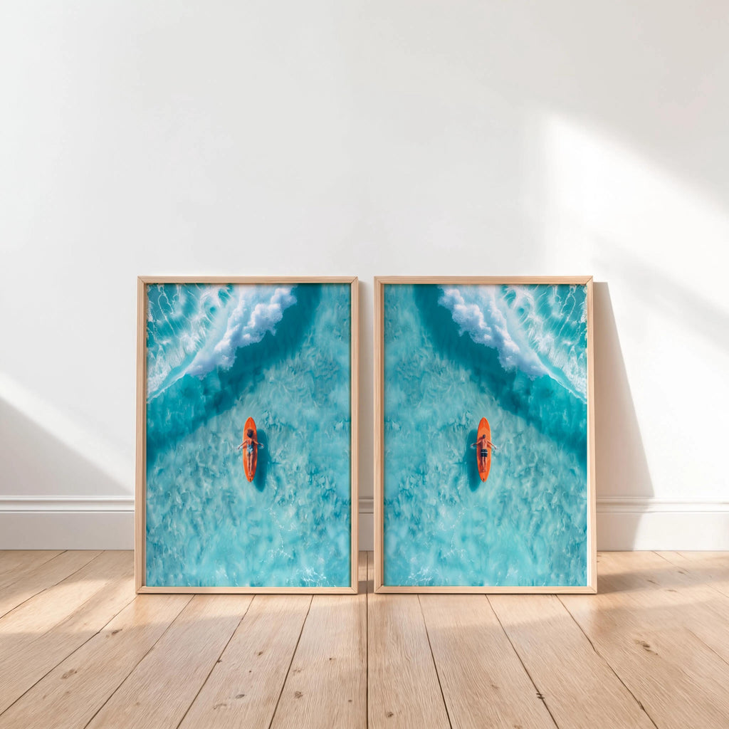 Surfer Art Set of 2: Aerial Beach Surfboard Couple Ocean Print, Coastal Living Wall Decor, Modern Minimalist Girl & Boy Summer Poster