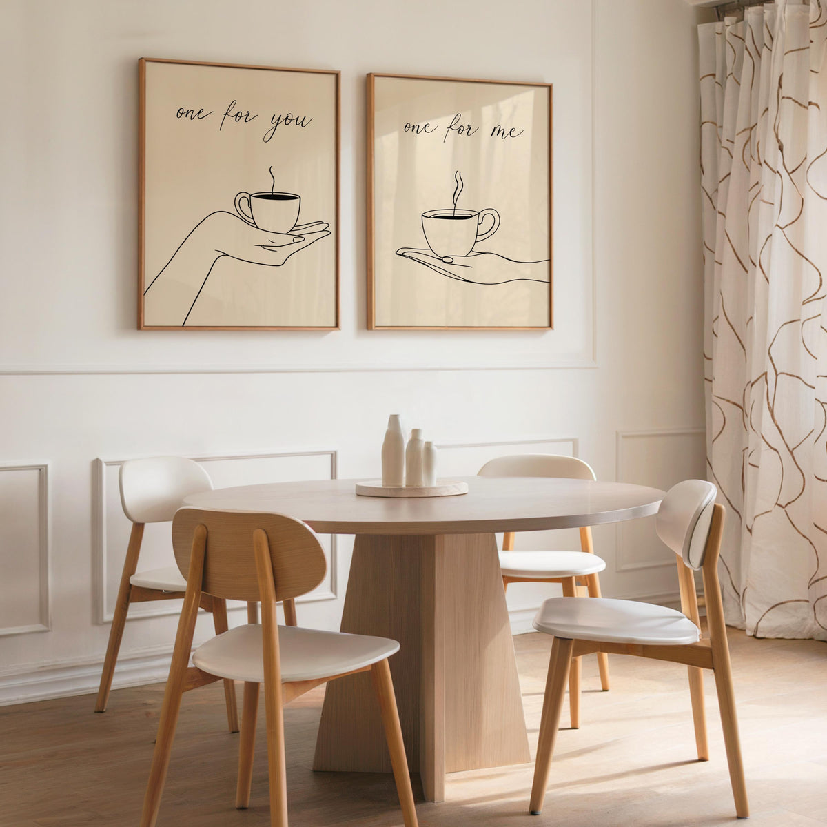 Cofee Art Print Set of 2, Minimalist Tea & Coffee Lover Poster, Kitchen Cafe Line Drawing Decor, One for You, One for Me Espresso Couple