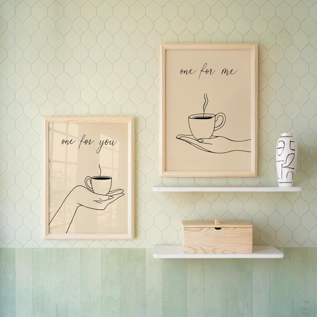 Cofee Art Print Set of 2, Minimalist Tea & Coffee Lover Poster, Kitchen Cafe Line Drawing Decor, One for You, One for Me Espresso Couple