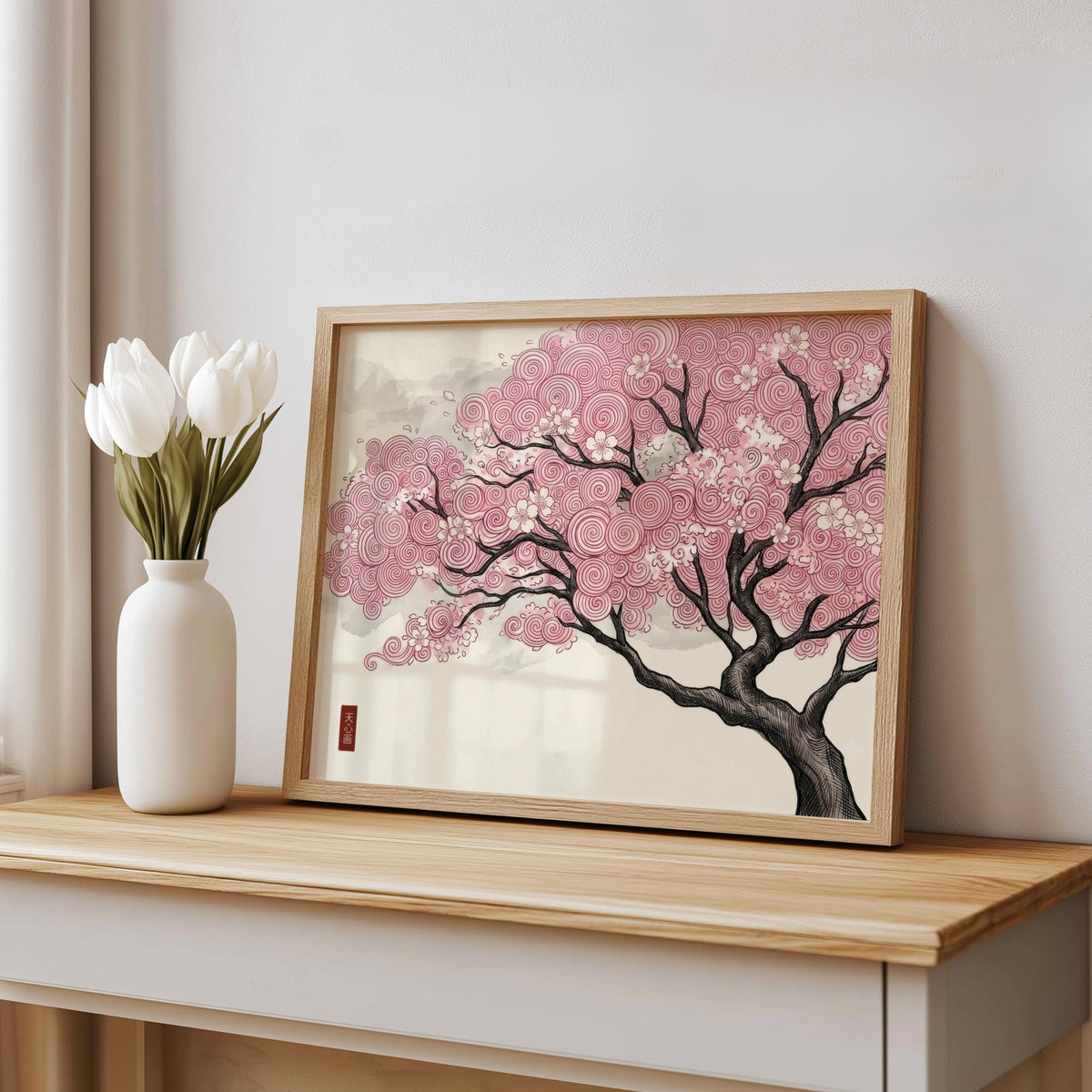 Japanese woodblock sakura tree in pink