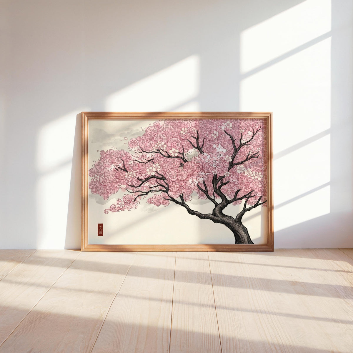 Japanese woodblock sakura tree in pink
