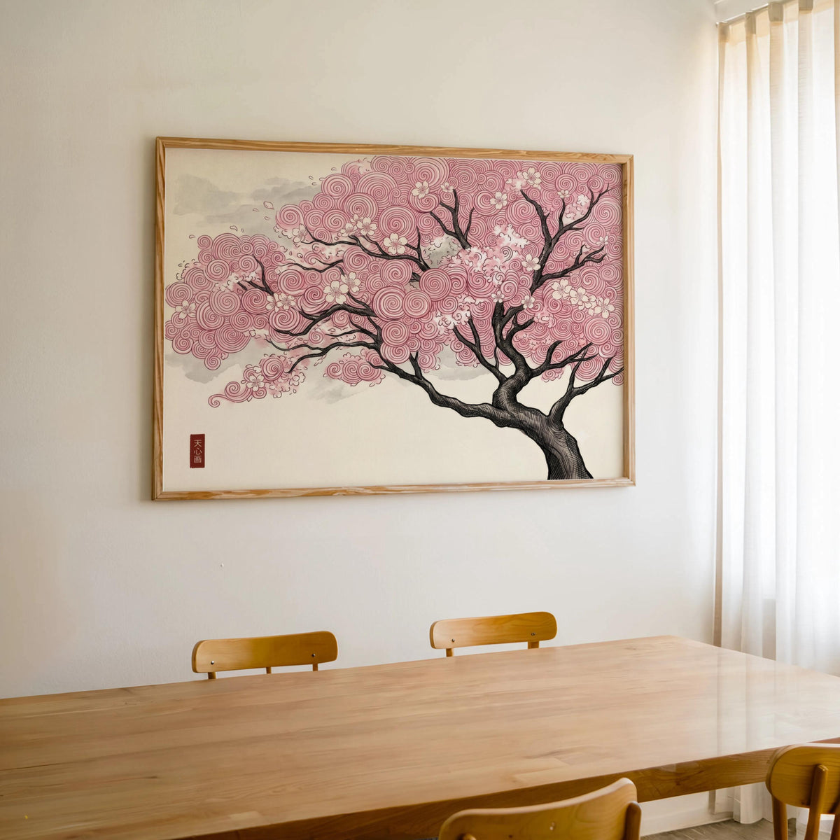 Japanese woodblock sakura tree in pink