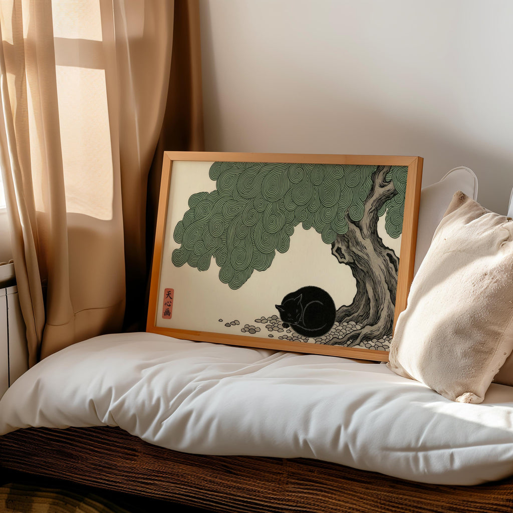 Sleeping Black Cat Japanese Woodblock Style Poster, Swirl Botanical Print, Japandi Zen Wall Decor