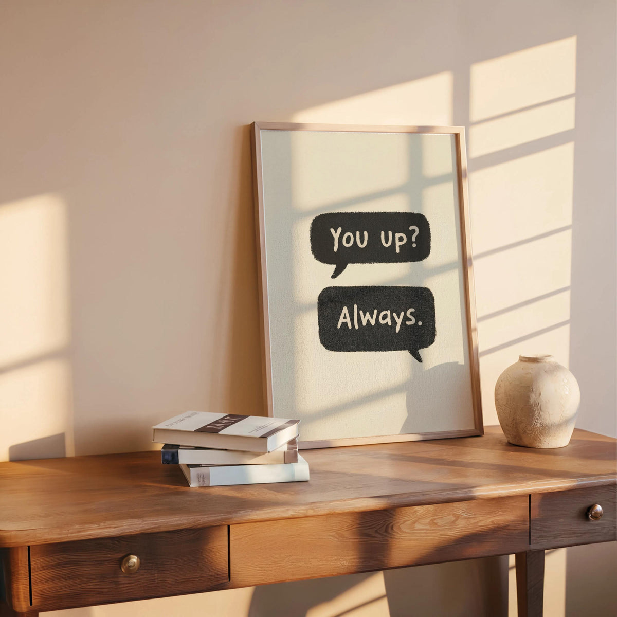 Neutral textured couples text message print leaning on desk, black speech bubbles, long distance couple gift energy.