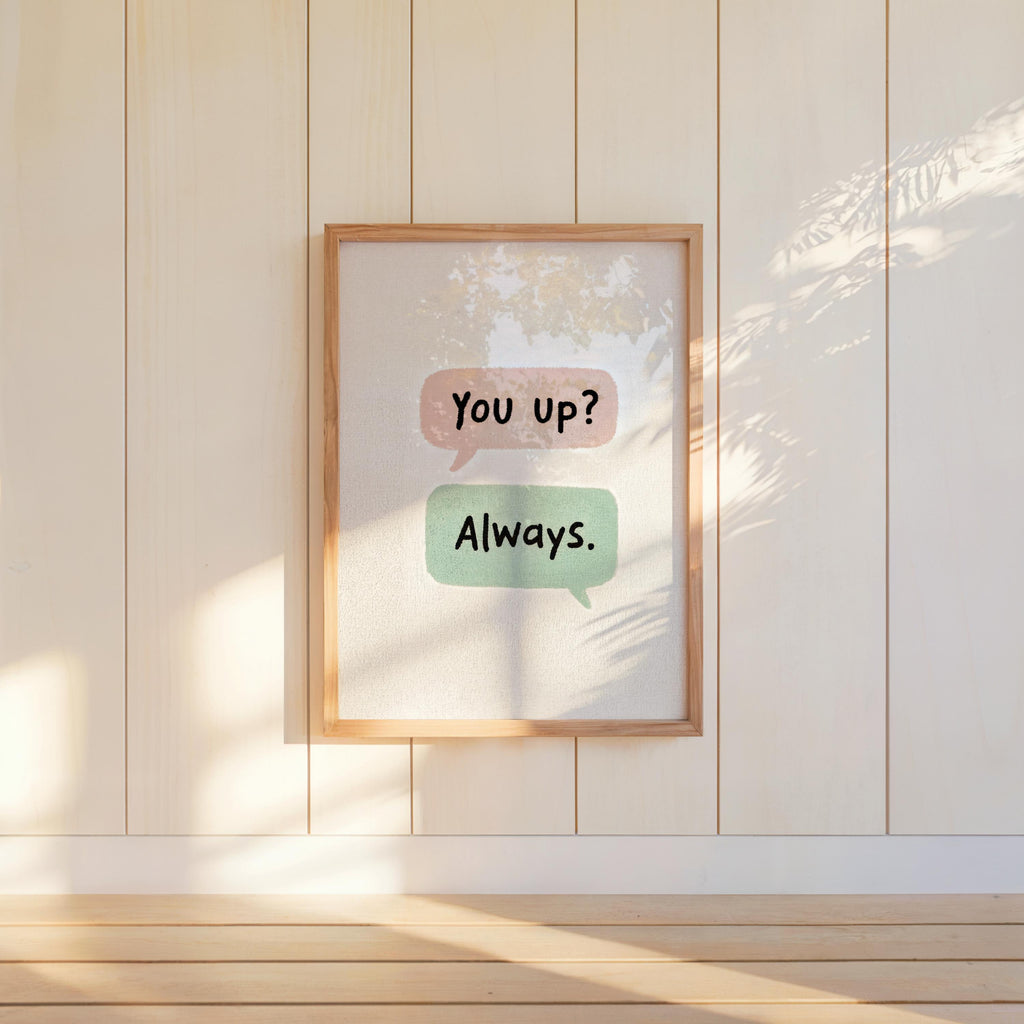 Cream textured couples text message print on wall, soft green "Always" bubble, cozy long distance couple gift idea.