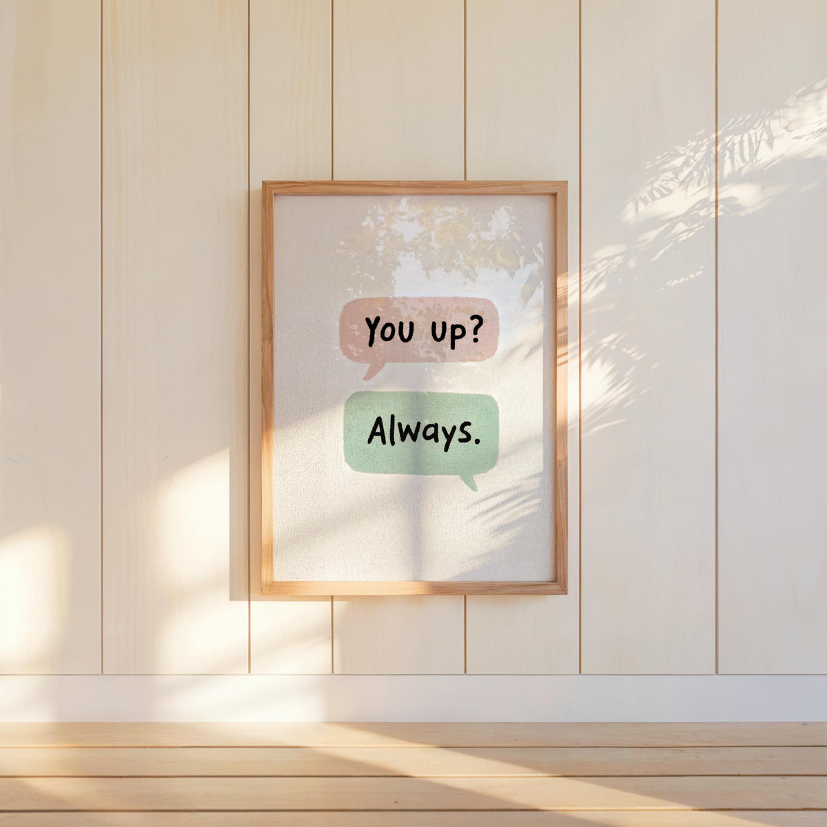 Cream textured couples text message print on wall, soft green "Always" bubble, cozy long distance couple gift idea.