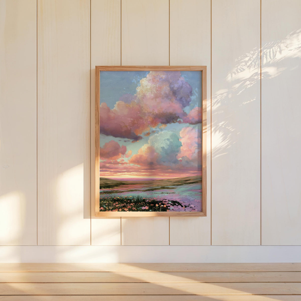 Dreamy Pastel Sky & Wildflower Meadow Wall Art, Romantic Floral Cottagecore Print, Impressionist Flower Landscape, Pink Purple Sky Painting