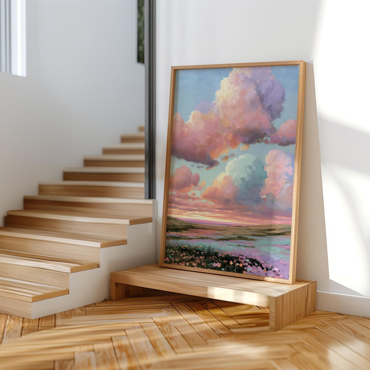 Dreamy Pastel Sky & Wildflower Meadow Wall Art, Romantic Floral Cottagecore Print, Impressionist Flower Landscape, Pink Purple Sky Painting
