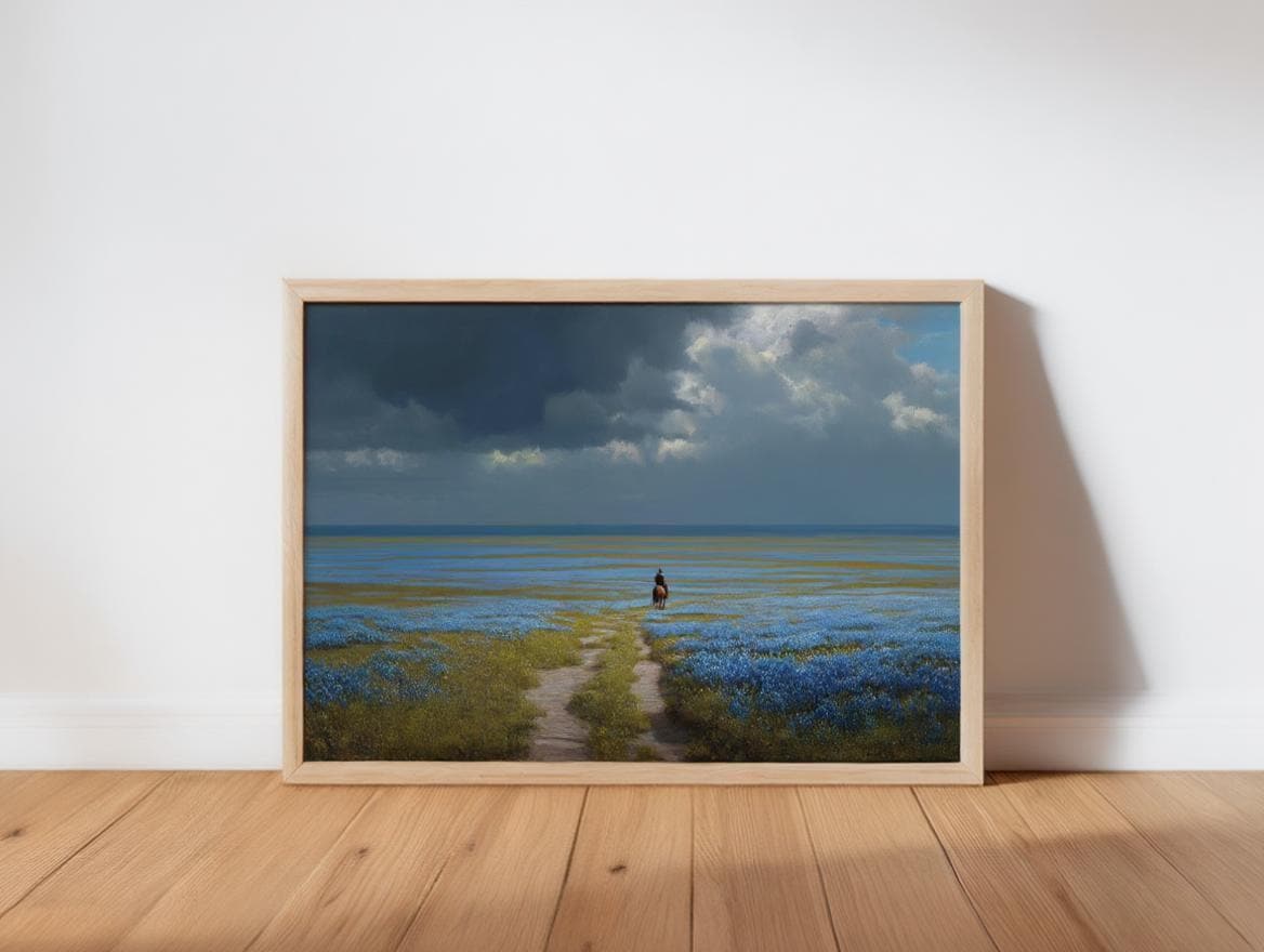 Bluebonnets Prairie & Lone Cowboy, Western Landscape Painting, Moody Stormy Sky Art, Texas Hill Country Print, Wildflower Field Poster