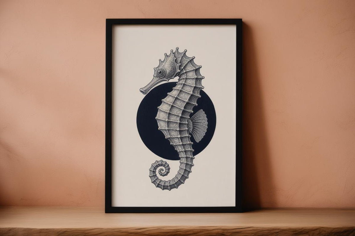 Seahorse Line Art, Minimalist Japanese Ocean Wall Decor, Modern Nautical Print, Ink Illustration Marine Poster, Japandi Sea Life Gift