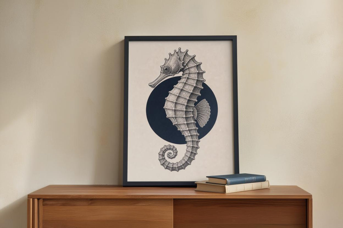 Seahorse Line Art, Minimalist Japanese Ocean Wall Decor, Modern Nautical Print, Ink Illustration Marine Poster, Japandi Sea Life Gift