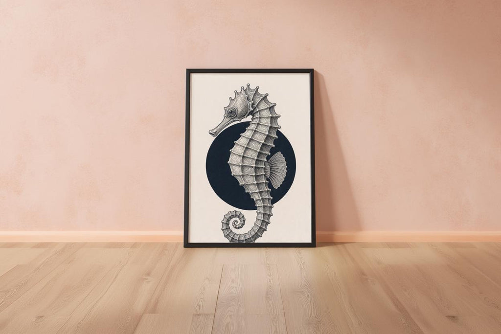 Seahorse Line Art, Minimalist Japanese Ocean Wall Decor, Modern Nautical Print, Ink Illustration Marine Poster, Japandi Sea Life Gift