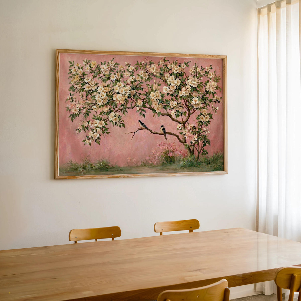 Pink Chinoiserie Wall Art, Horizontal Pastel Bird Floral Print, Grandmillennial Blossom Tree Painting, Coquette Large Tapestry, Girly Decor
