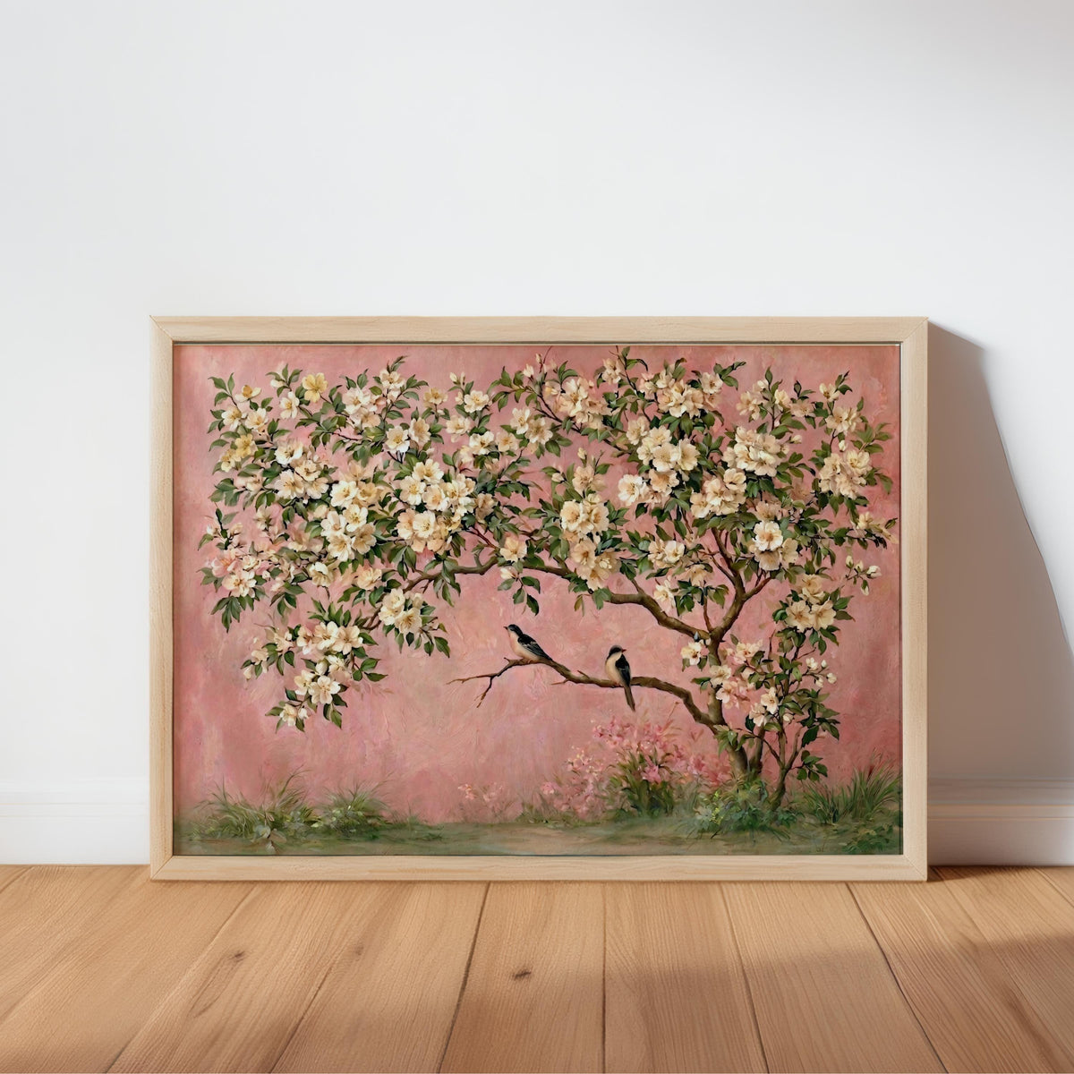 Pink Chinoiserie Wall Art, Horizontal Pastel Bird Floral Print, Grandmillennial Blossom Tree Painting, Coquette Large Tapestry, Girly Decor