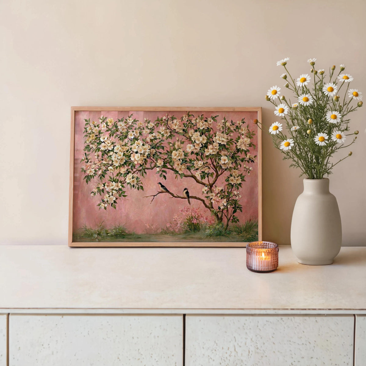Pink Chinoiserie Wall Art, Horizontal Pastel Bird Floral Print, Grandmillennial Blossom Tree Painting, Coquette Large Tapestry, Girly Decor