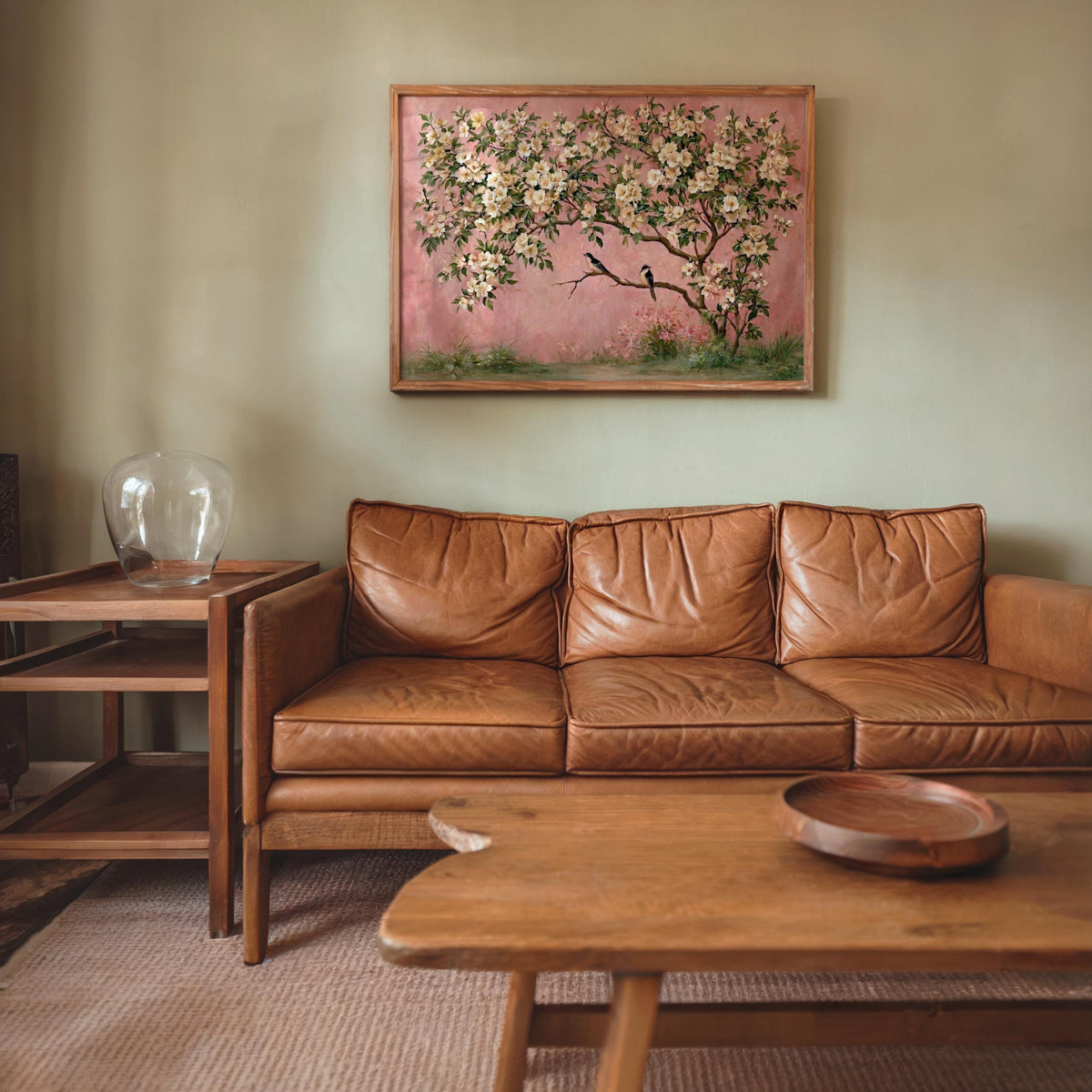 Pink Chinoiserie Wall Art, Horizontal Pastel Bird Floral Print, Grandmillennial Blossom Tree Painting, Coquette Large Tapestry, Girly Decor