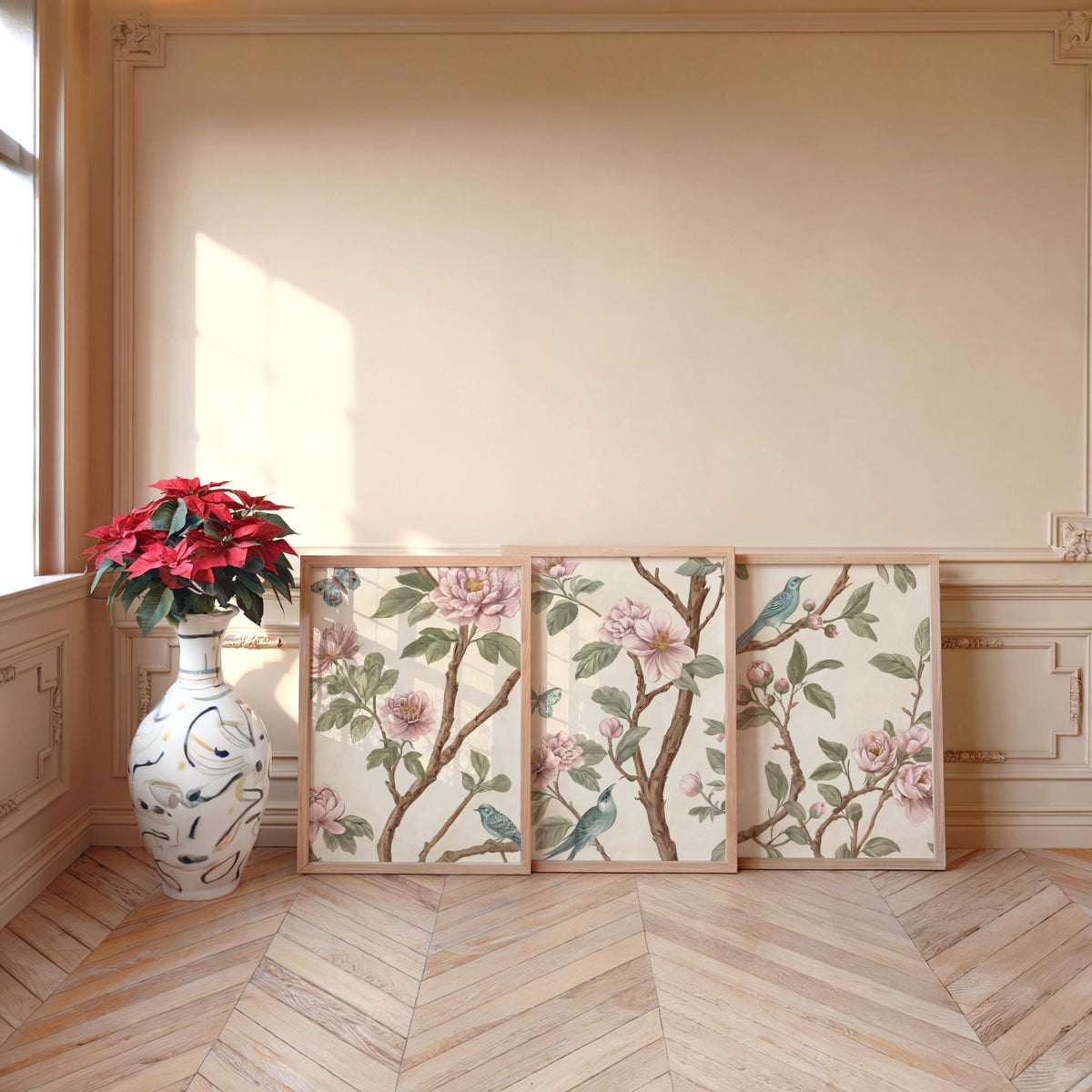 Neutral Chinoiserie Set of 2, Beige Pastel Floral Birds Print, Chinese Wallpaper, Retro Coquette Wall Art, Light Botanical Tapestry Painting