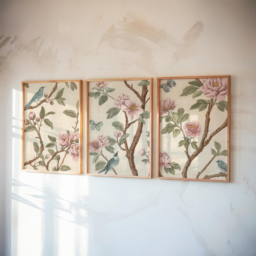 Neutral Chinoiserie Set of 2, Beige Pastel Floral Birds Print, Chinese Wallpaper, Retro Coquette Wall Art, Light Botanical Tapestry Painting