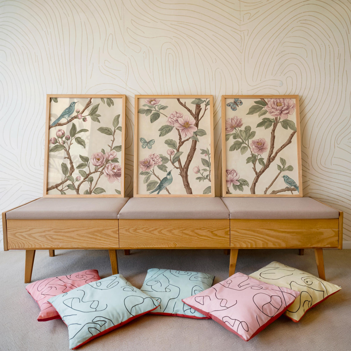 Neutral Chinoiserie Set of 2, Beige Pastel Floral Birds Print, Chinese Wallpaper, Retro Coquette Wall Art, Light Botanical Tapestry Painting