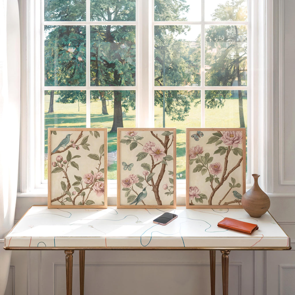Neutral Chinoiserie Set of 2, Beige Pastel Floral Birds Print, Chinese Wallpaper, Retro Coquette Wall Art, Light Botanical Tapestry Painting