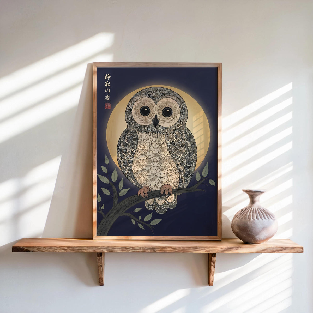 Japanese Owl Woodblock Print, Ukiyo-e Bird Nature Poster, Japandi Zen Wildlife Art