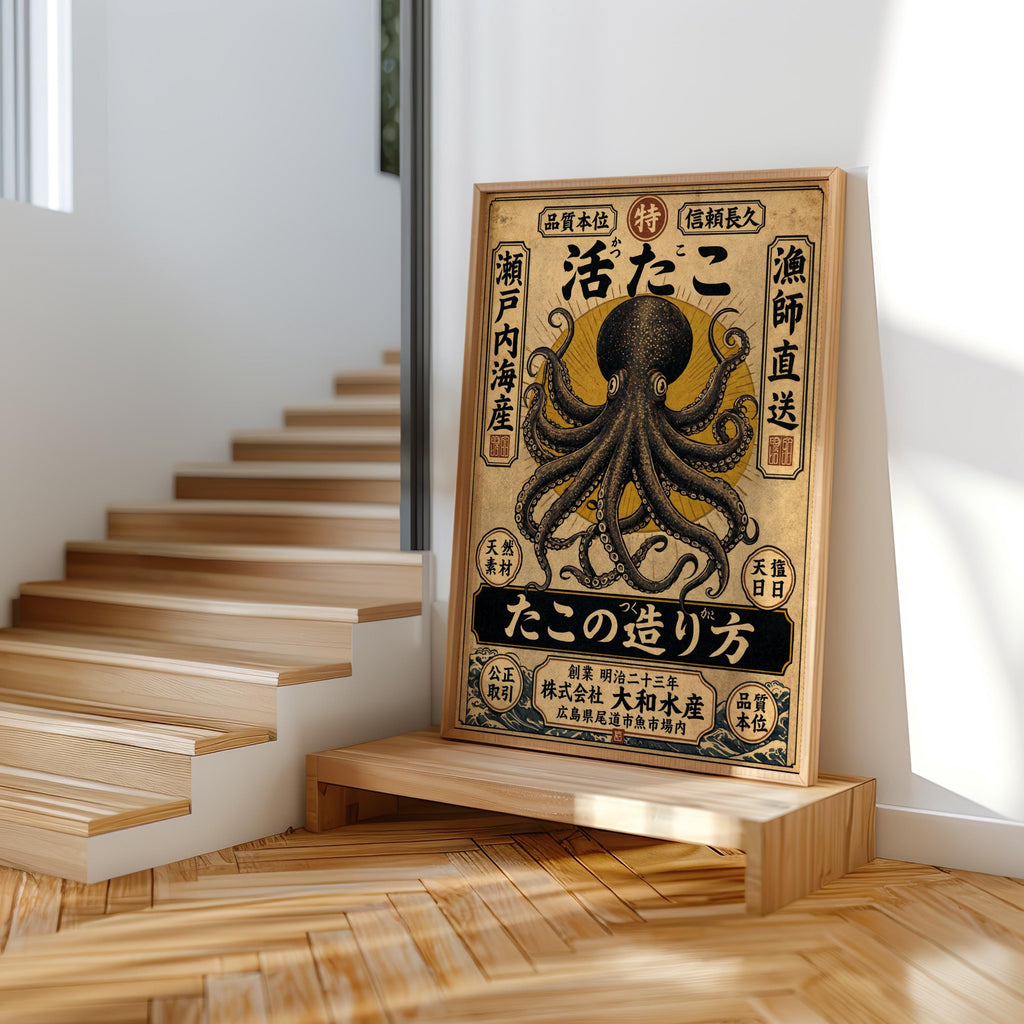 Vintage Japanese Octopus Poster, Ukiyo-e Style Wall Art, Retro Ad Print, Eclectic Office Decor, Kraken Asian Typograhy Pop Art