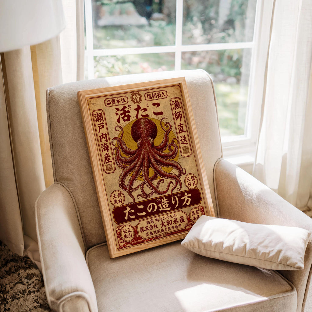 Vintage Japanese Octopus Poster, Ukiyo-e Style Wall Art, Retro Ad Print, Eclectic Office Decor, Kraken Asian Typograhy Pop Art