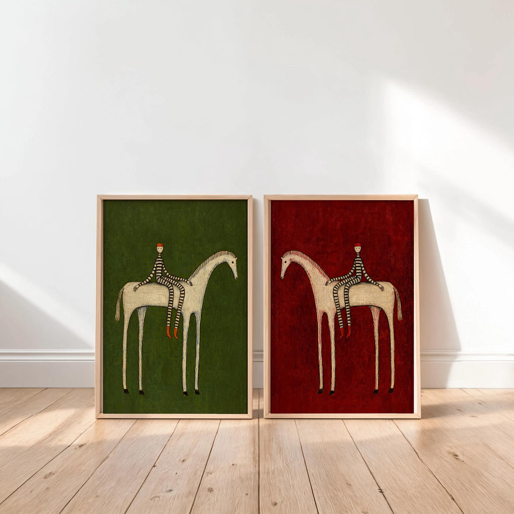 Abstract Horse Set of 3 Wall Art, Surreal Vintage Equestrian Print Triptych, Red Blue Green Minimalist Folk Figure, Dark Circus Poster Panel