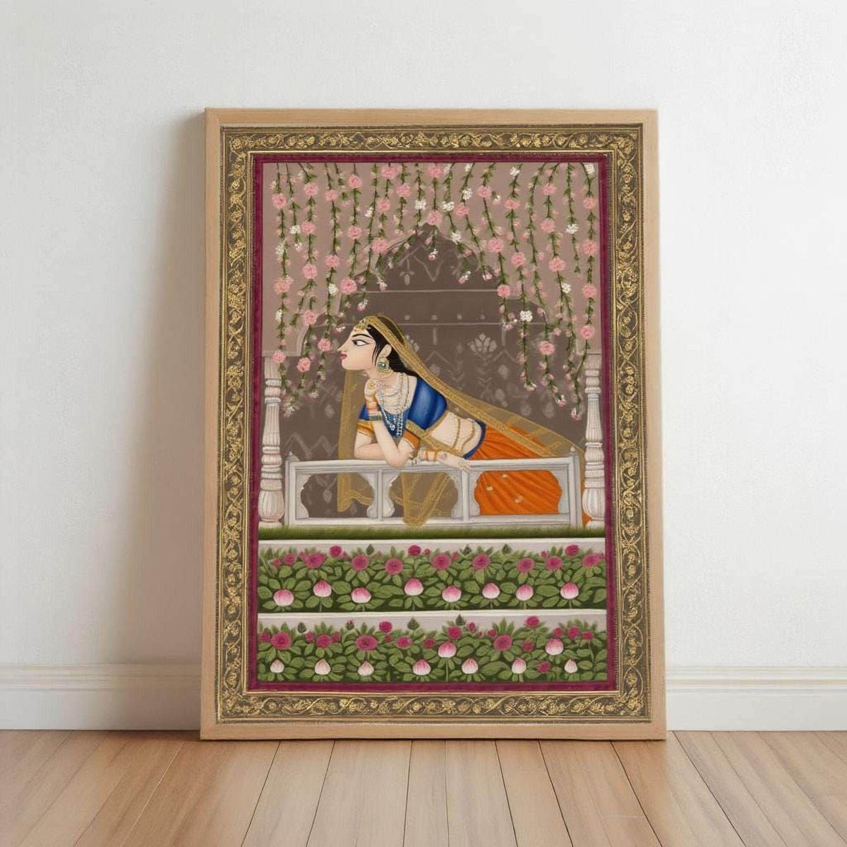 Mughal Queen Art Print, Indian Woman on Balcony Wall Decor, Pichwai Painting, Vintage Traditional Ethnic Print, Floral Folk Art