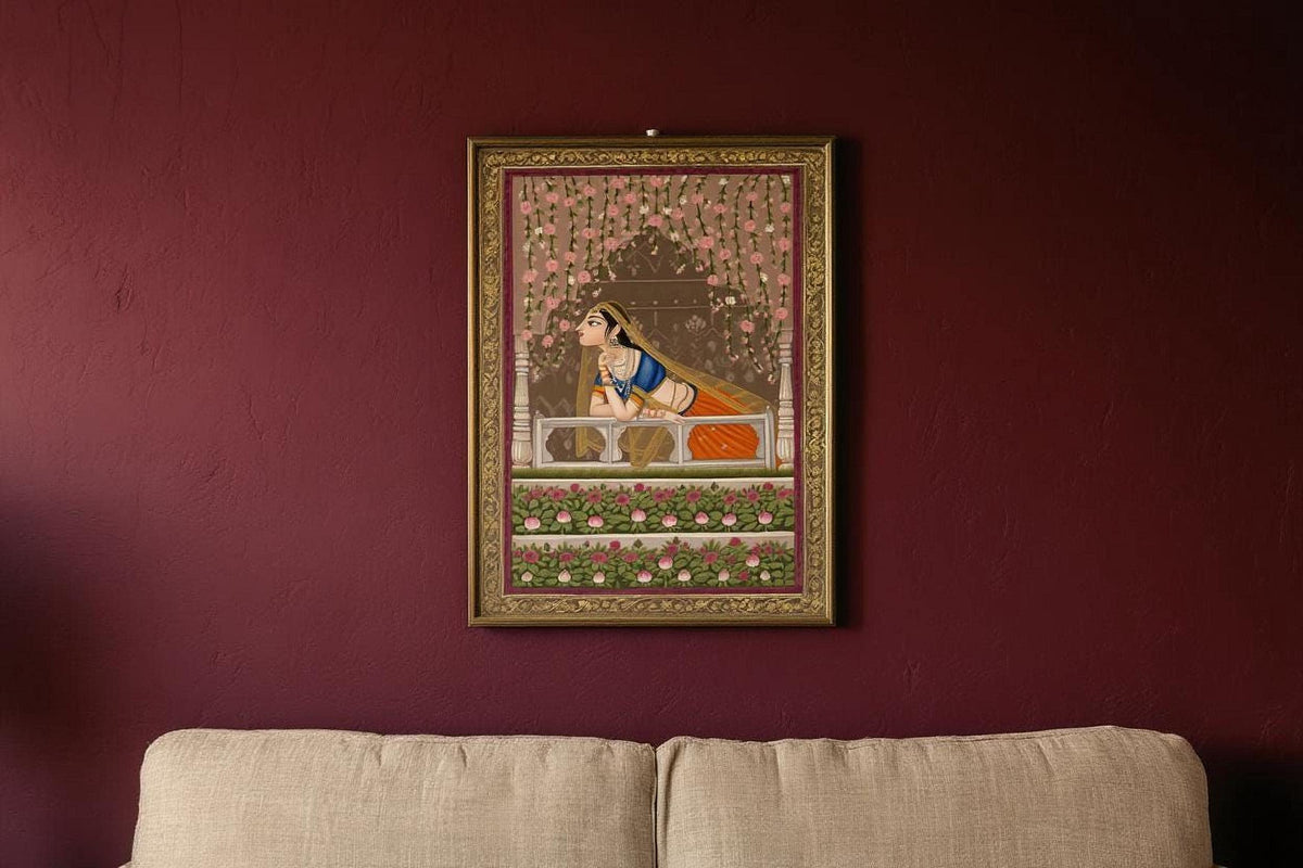 Mughal Queen Art Print, Indian Woman on Balcony Wall Decor, Pichwai Painting, Vintage Traditional Ethnic Print, Floral Folk Art