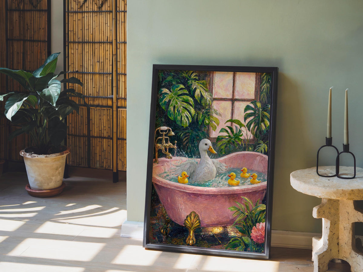 Rubber Duck Bath Tub Print, Whimsical Mallard & Rubber Duckies Painting, Playful Botanical Bathroom Decor, Funny Funky Animal Nursery Art
