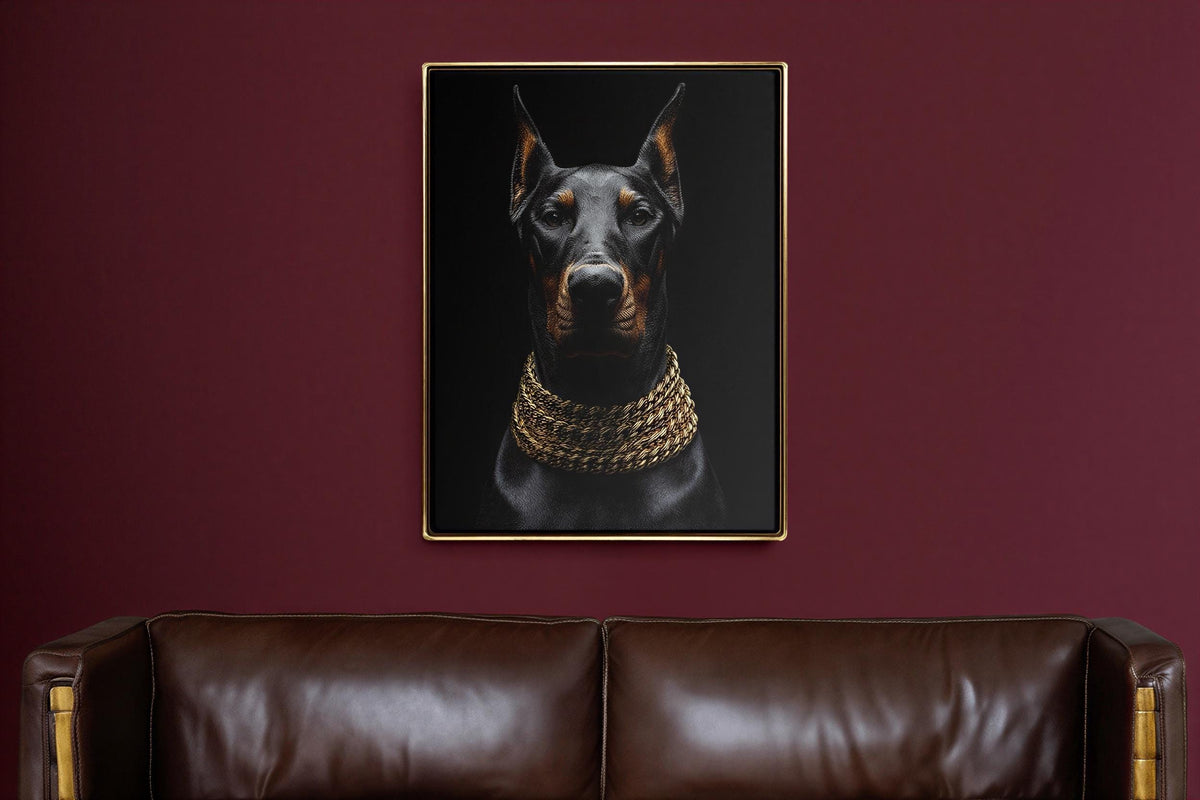 Doberman Gold Chain Wall Art, Luxury Dog Portrait Print, Glam Animal Poster, Modern Office Statement Decor, Doberman Lover Gift