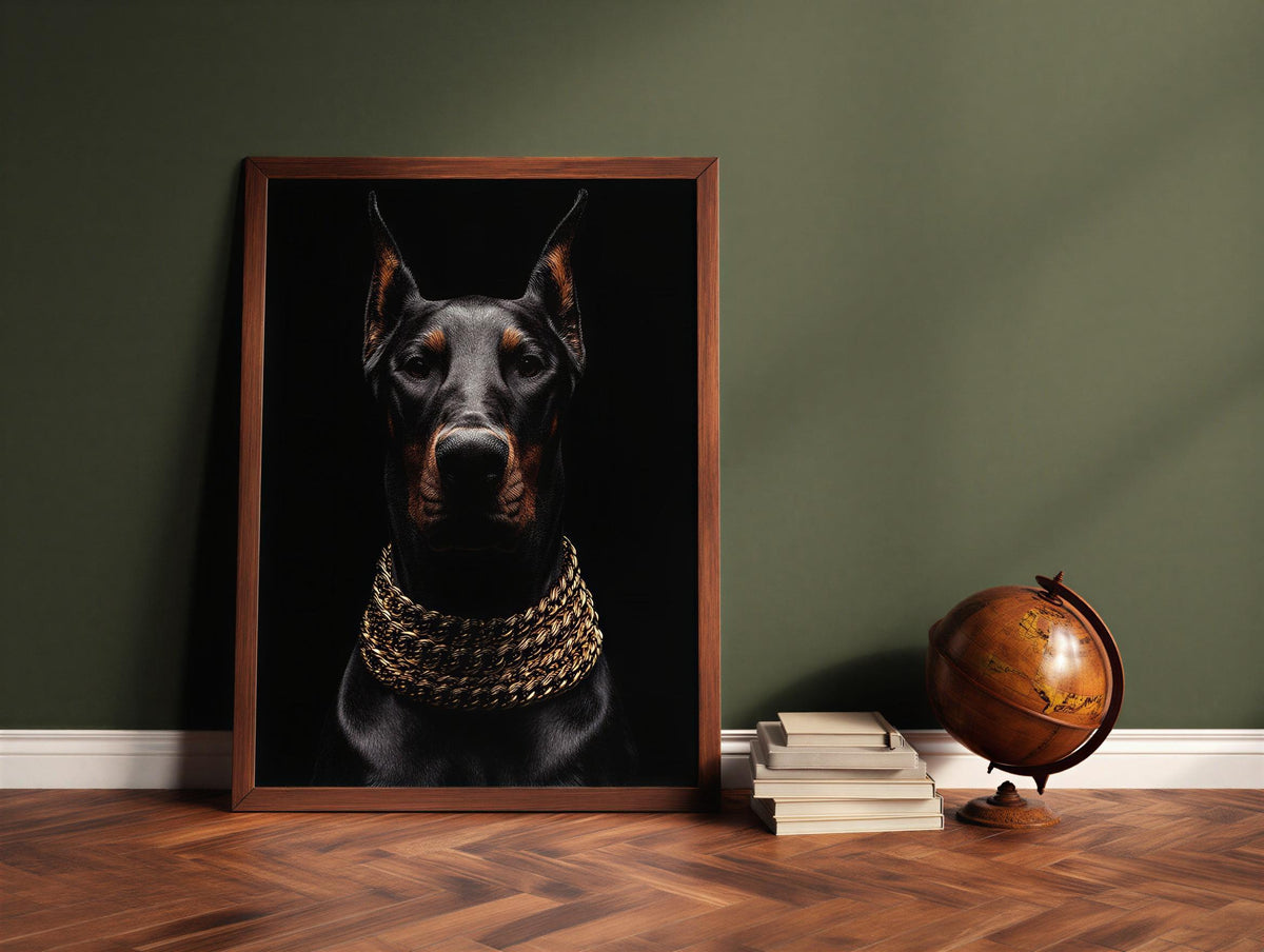 Doberman Gold Chain Wall Art, Luxury Dog Portrait Print, Glam Animal Poster, Modern Office Statement Decor, Doberman Lover Gift