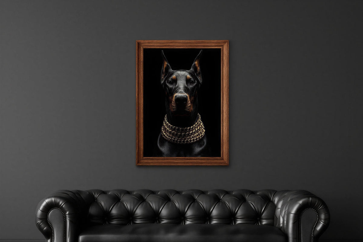 Doberman Gold Chain Wall Art, Luxury Dog Portrait Print, Glam Animal Poster, Modern Office Statement Decor, Doberman Lover Gift