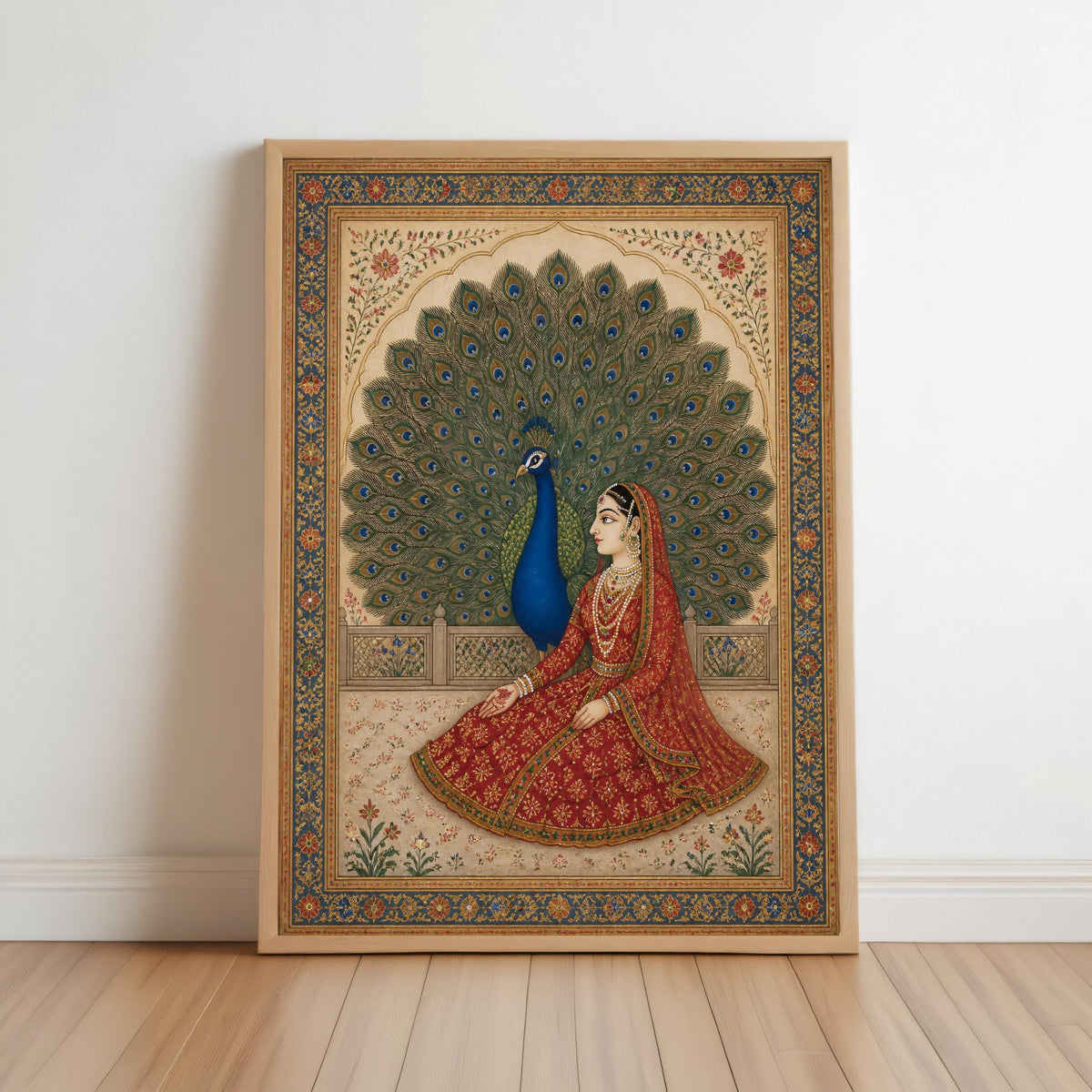 Vintage Mughal Miniature Print, Floral Indian Princess Painting, Peacock Bird Ethnic Folk Art, South Asian Botanical Decor, Exotic Poster