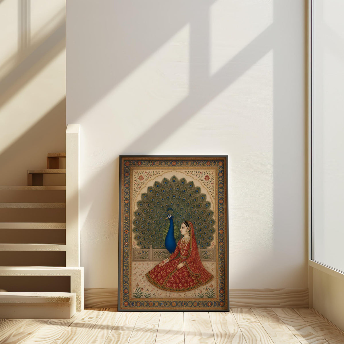 Vintage Mughal Miniature Print, Floral Indian Princess Painting, Peacock Bird Ethnic Folk Art, South Asian Botanical Decor, Exotic Poster