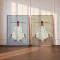 Sunlit pair of framed modern figurative art, white striped meditating figures, meditation wall art set