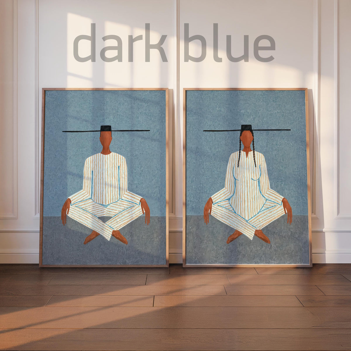 Deep dark blue background diptych, calming meditating figure art print pair, zen wall decor with neutral tones